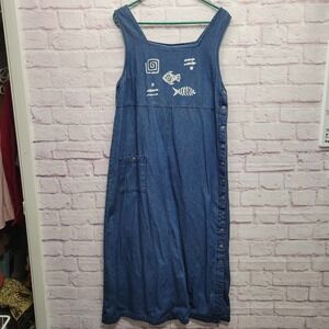 VTG Blue J Graphic Fish Denim Jumper Dress Sz M Relaxed Cottagecore Boho‎ Artsy